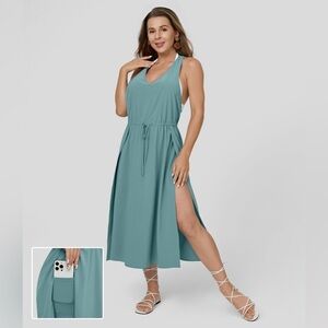 Halara V Neck Sleeveless Backless Drawstring Side Pocket Flowy Midi Dress | NEW!